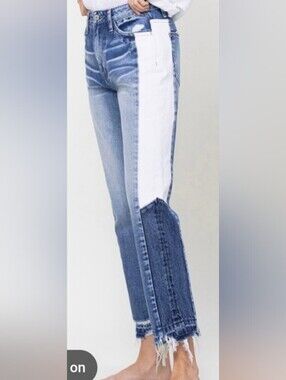 VERVET High Rise Colorblock Denim Jeans Cropped Distressed Ankle Length